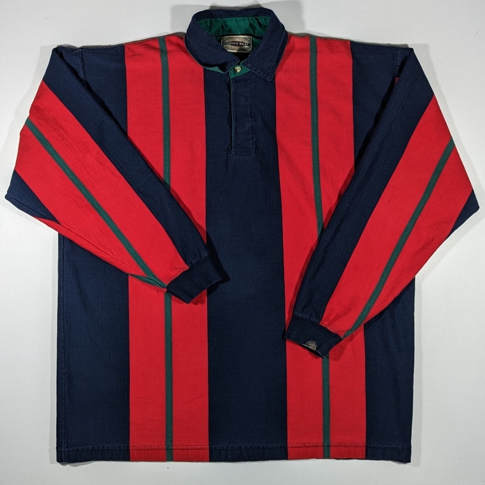 Vintage County Seat Striped Rugby Pullover Shirt Men's Size Large Red Blue